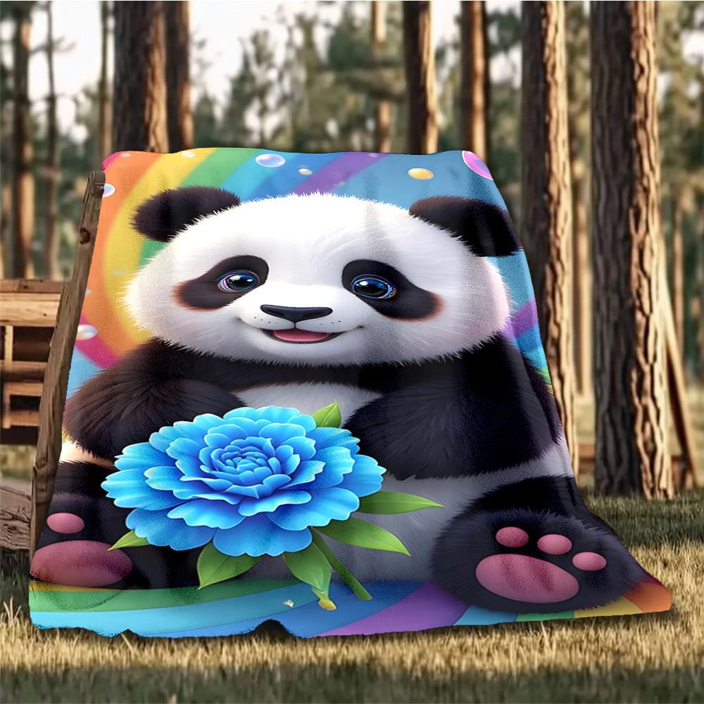 1pc Panda, Flower Throw Blanket Polyester Fiber, Lightweight Flannel, Soft & Warm, All Season Use for Outdoor, Camping Digital Print