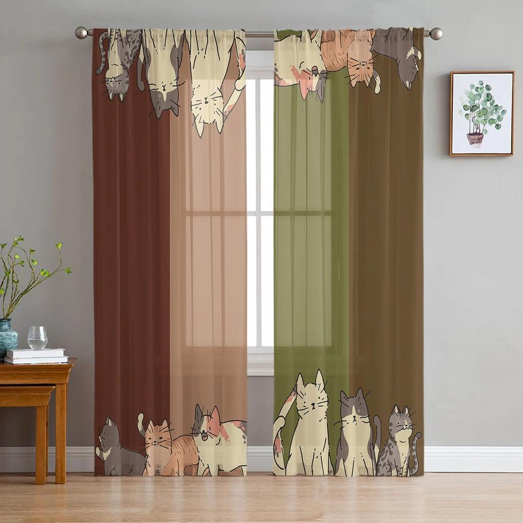Cat Paw Retro Cute Window Curtains Sheer Chiffon Tulle Curtain Home Living Room Backdrop Decoration