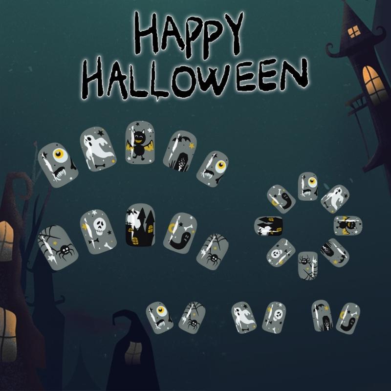 Halloween Press On Nail 24PCS Dark House Art With Glittering And Skeletons Easy Application For Parties