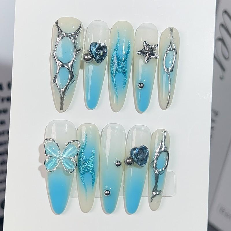 Long Oval Press-On Nails With Butterfly Star Moon Design Ice-Transparent Gel Look Sweet Fairy Style