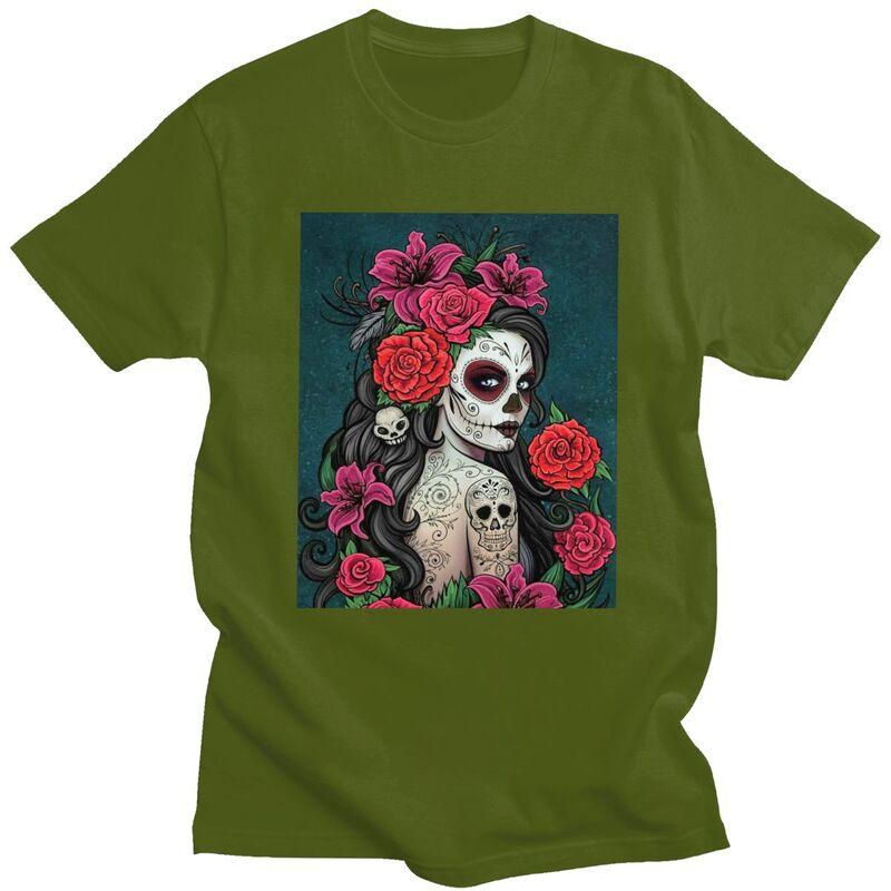 Custom Mexican Catrina Sugar Skull Lady Tshirts for Men Short Sleeve Casual T Shirt Tshirt Pure Cotton Tee Gift