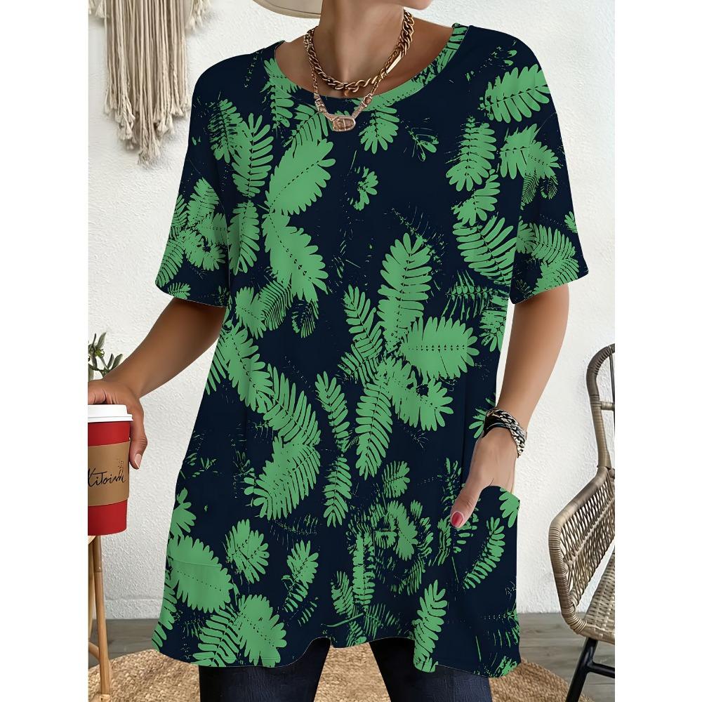 Women's Summer Short Sleeved T-shirt, 3D Printed Pocket T-shirt, Casual Plus Size T-shirt