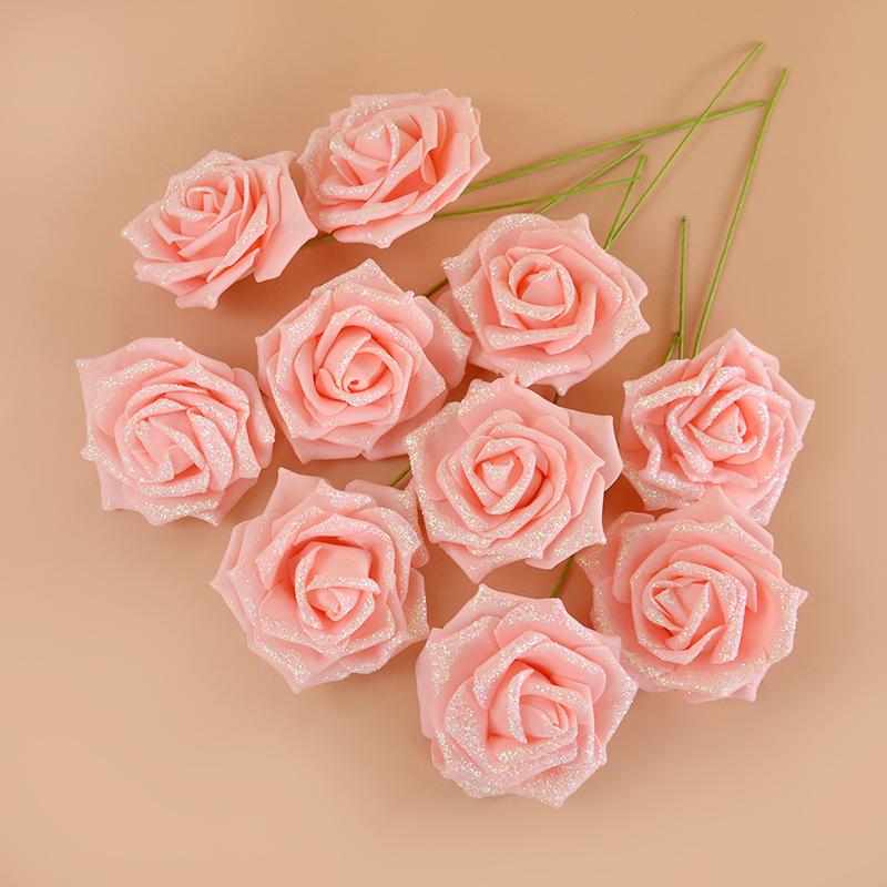 10/20Pcs Artificial Rose Flowers with Stem Foam Glitter Fake Flower Bouquet Wedding Party Centerpieces Home Garden Decoration