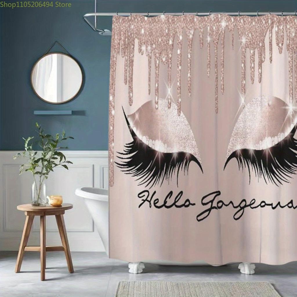 Elegant "Hello Gorgeous" Glitter Eyelash Print Shower Curtain - High-Quality Polyester, No-Drill Installation, Machine Washabl