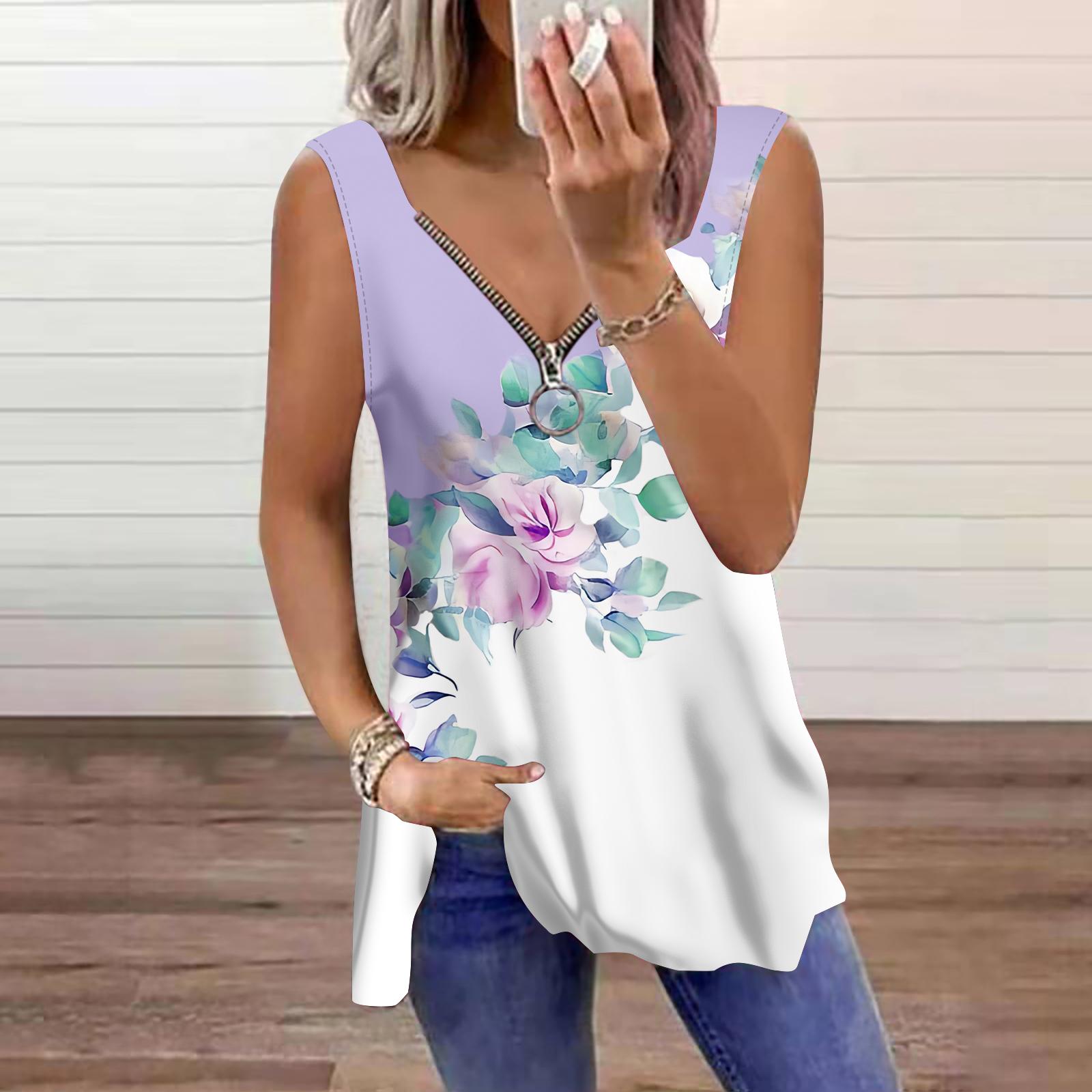 

Женский топ, летний, повседневный, с принтом косой розы, большого размера, без рукавов, на молнии, с V-образным вырезом, майка 8XL фиолетовый