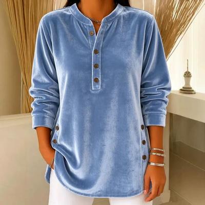 Herfst Winter Nieuw Dames Gouden Fluweel Top Casual Losse V-hals Knopen Lange Mouwen T-shirt Velours Tee