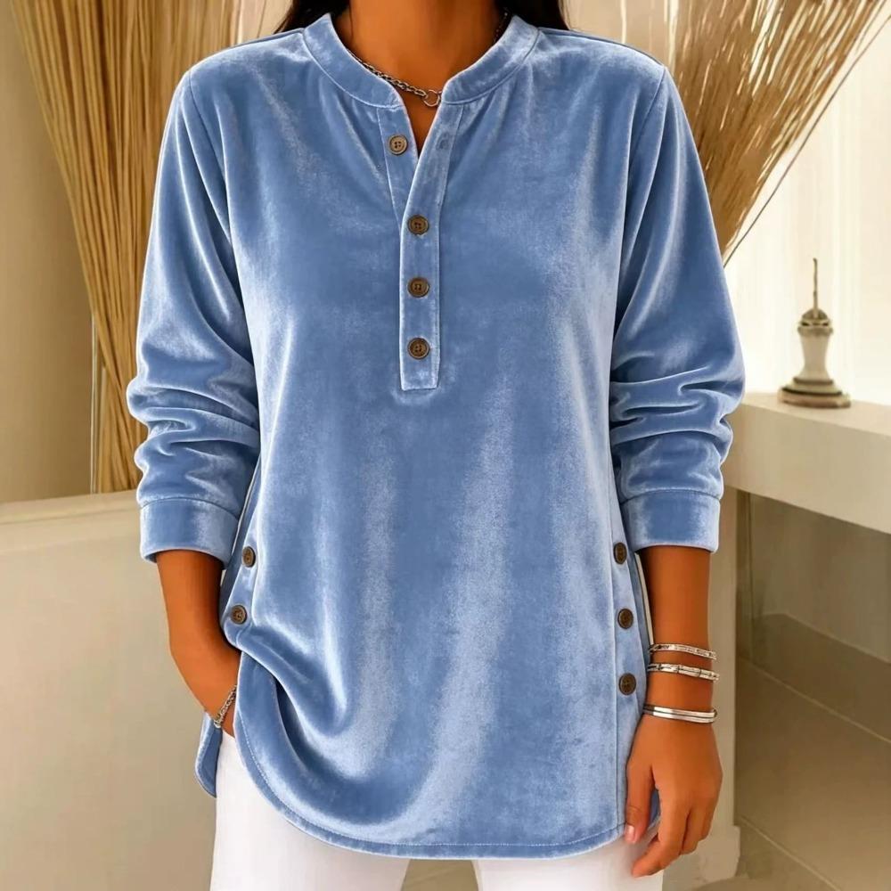 Autumn Winter New Women's Gold Velvet Top Casual Loose V-Neck Button Long Sleeve T-Shirt Velour Tee