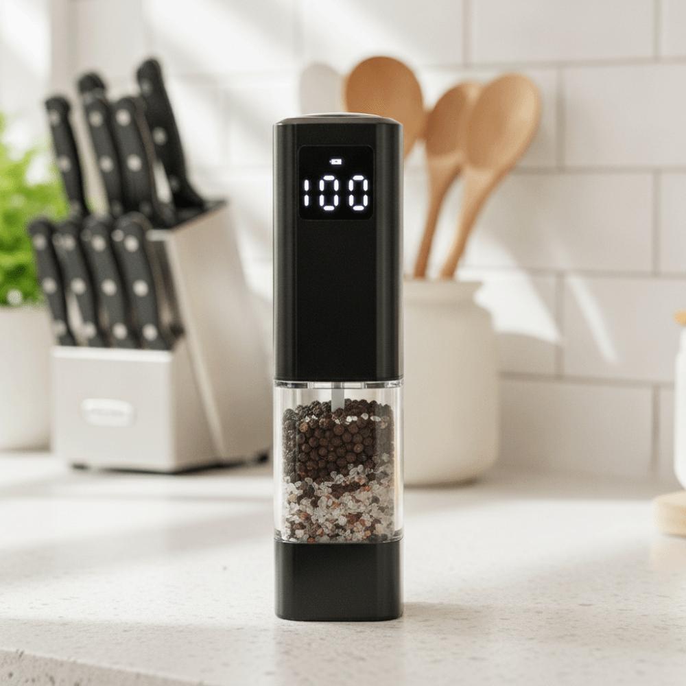 LED Display Electric Salt and Pepper Grinder Adjustable Particle Coarseness Spice Mill  Restaurant