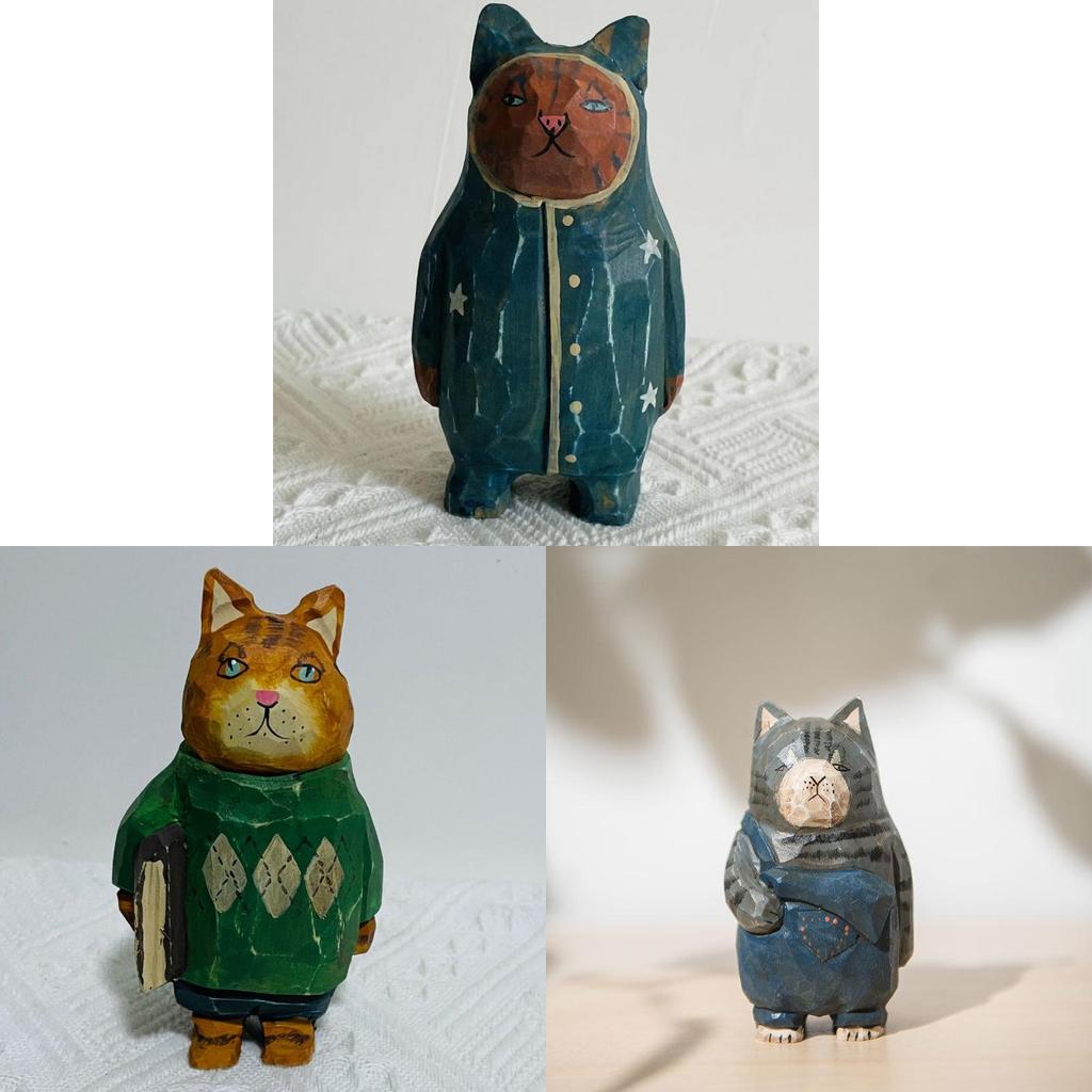 Wooden Cat Sculpture Creative Home Office Desk Ornament For Gifts And Decor