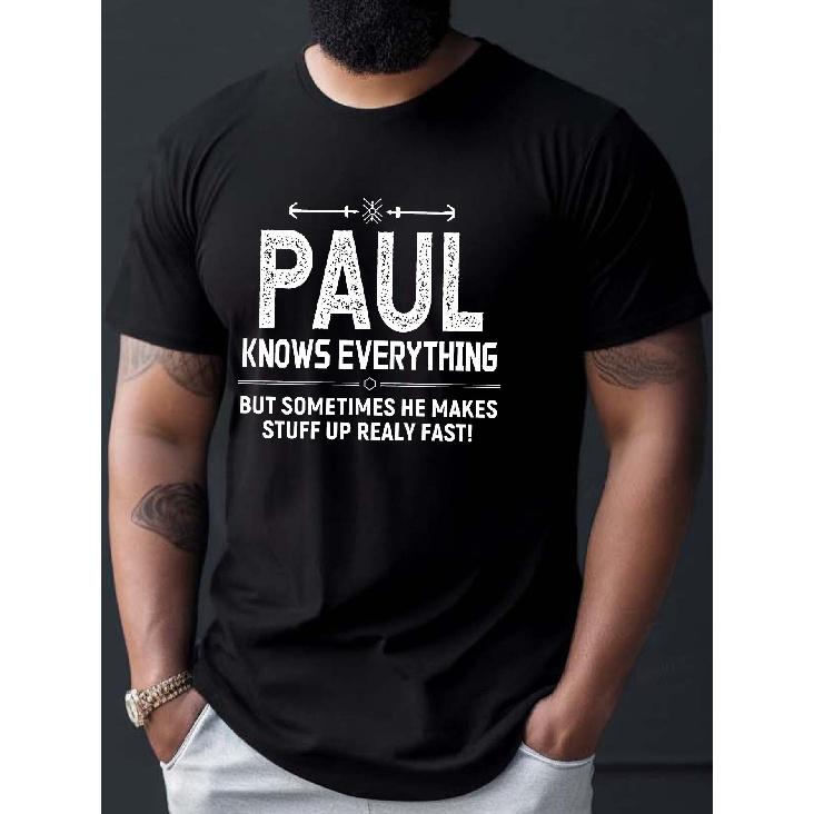 [Paul Knows Everything Tee] Men's Paul Knows Everything Logo T-Shirt - Bold Brand Print Short Sleeve Crew Neck Tee, Breathable Regular Fit Casual