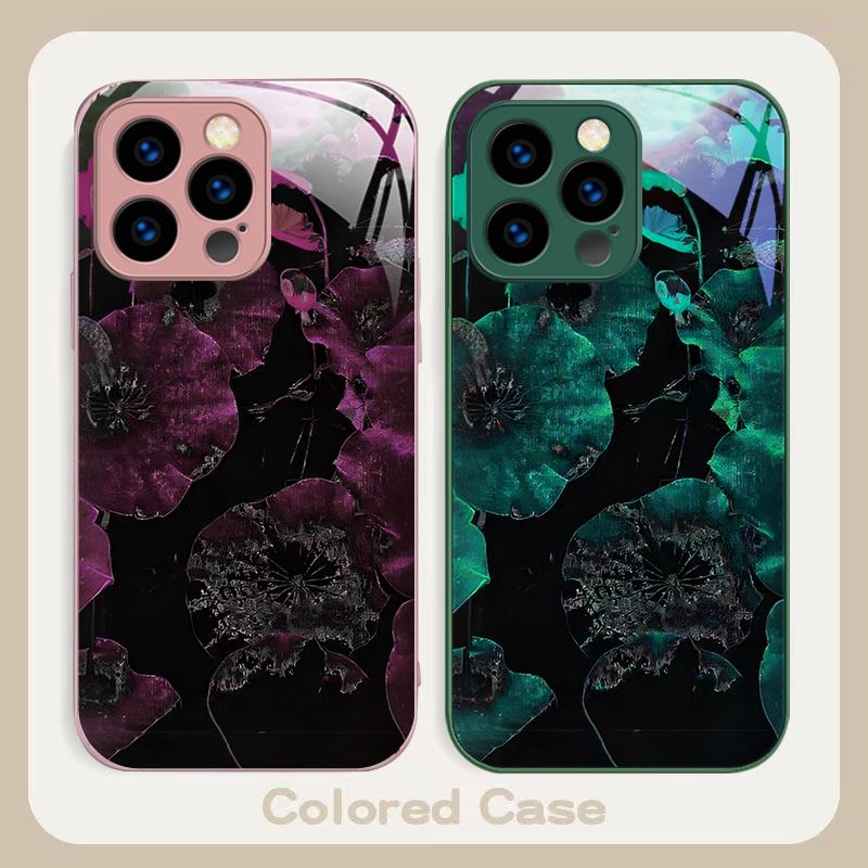 Light luxury lotus leaf For iPhone 16 E 15 14 13 Plus 12 mini 11 Pro Max XR Xs Max X 7 8 P lus 6 6S 22 Tempered Glass Phone Case