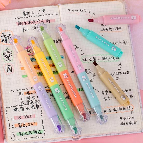 4Pcs Dual-Tip Cat Paw Highlighter with Stamp & Marker Cute Pastel Journaling Pen for Students Smooth Quick-Dry Fun School