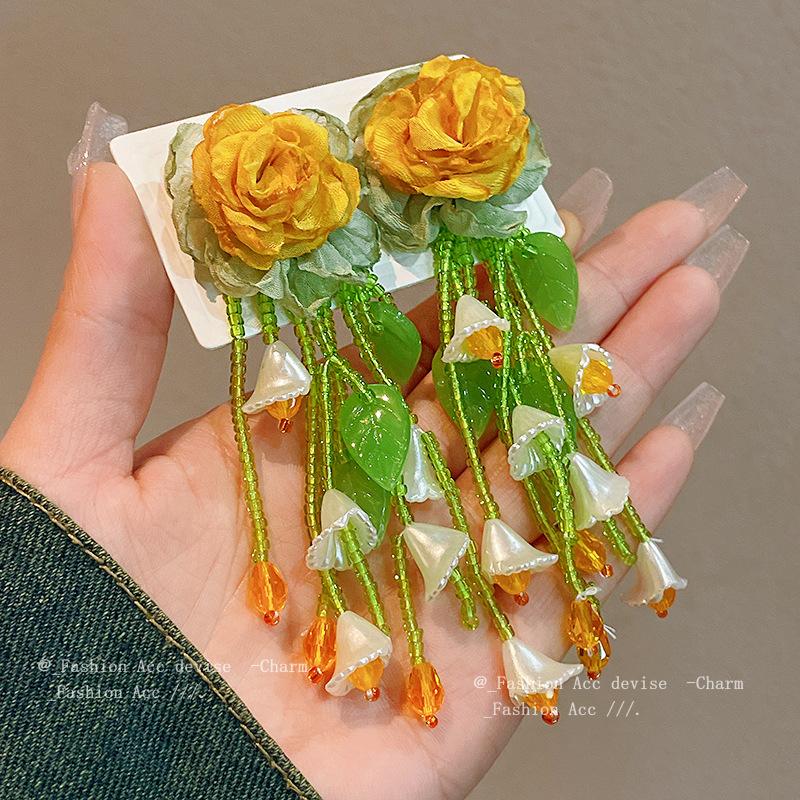 Silver needle Mori flower fringed earrings ins sweet design stud earrings Korean high-end versatile earrings