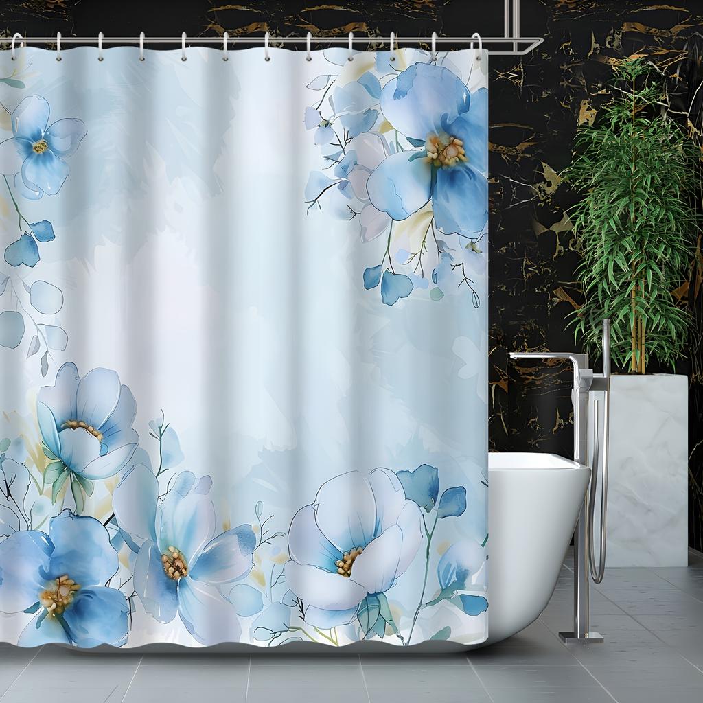 1pc Blue Art Theme Watercolor Forget-Me-Not Printed Shower Curtain, Polyester Fabric, With Hooks, Machine Washable