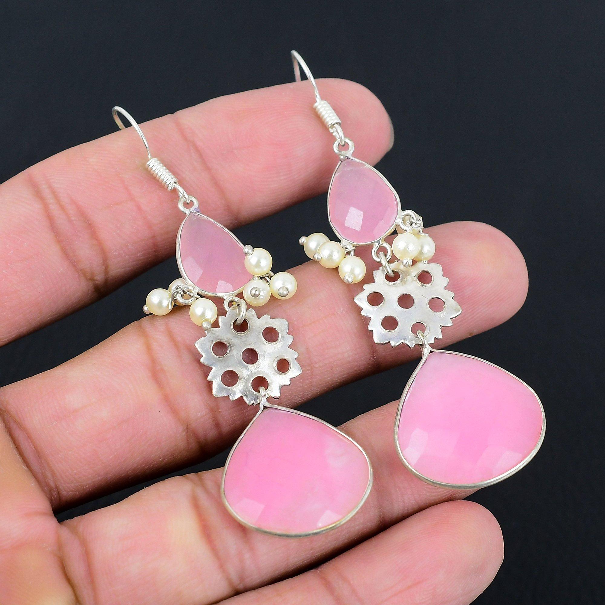 

Pear Natural Pink Chalcedony Sterling Silver Dangle Artisan Engagement Earrings