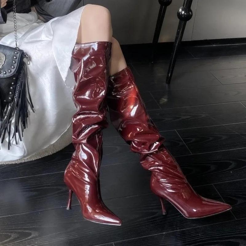 Fashion New Autumn Style Pleated Stiletto High Boots with Pointed Sleeves, Non-slip and Wear-resistant High Heels