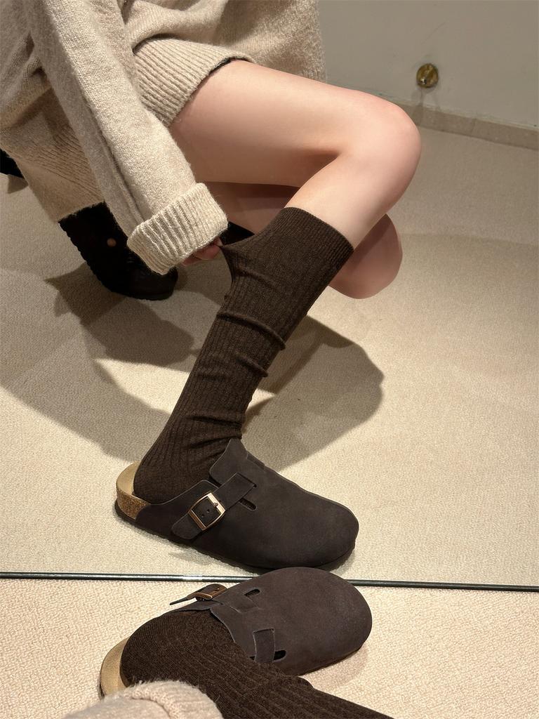 Autumn And Winter Maillard Coffee Calf Socks Women'S Miu Ballet Style Mid-Tube Stacking Socks Vertical Pattern Thin Versatile Cotton Socks