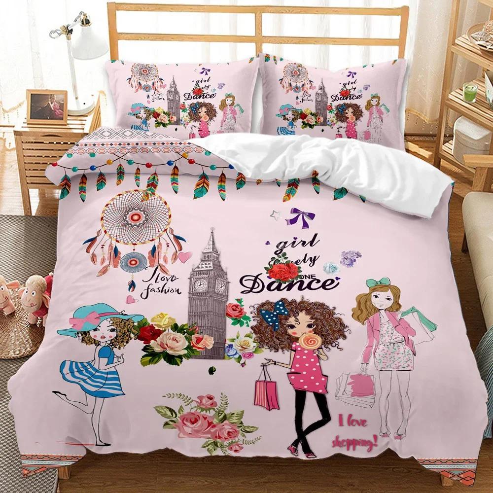3D Printed Fashion Cartoon Girl Scenery Bedding Set Modern Duvet Cover Double Twin Full Queen King Adult Kids Bedclothes Quilt
