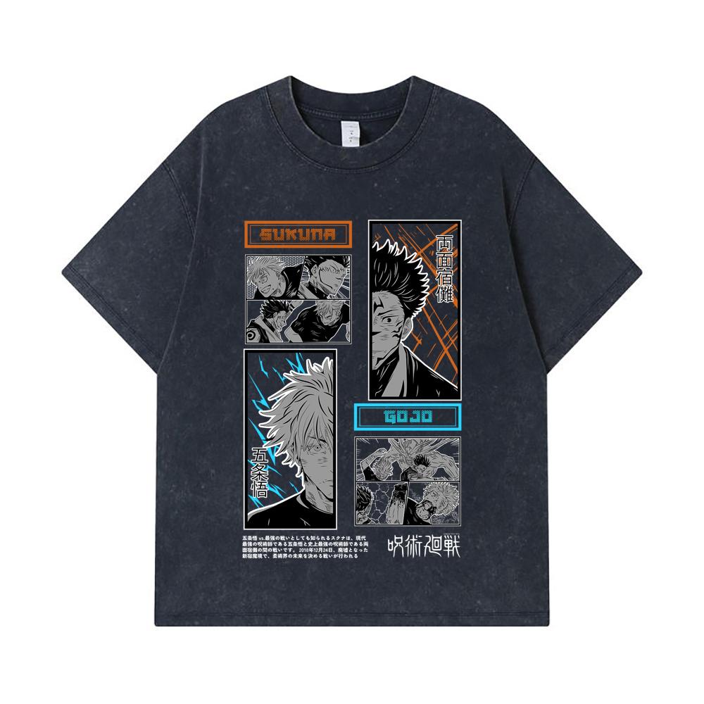 275 GSM Washed T-shirts 100% Cotton Jujutsu Kaisen V33 Gojo Sukuna Print Unisex Heavy Cotton T Shirt