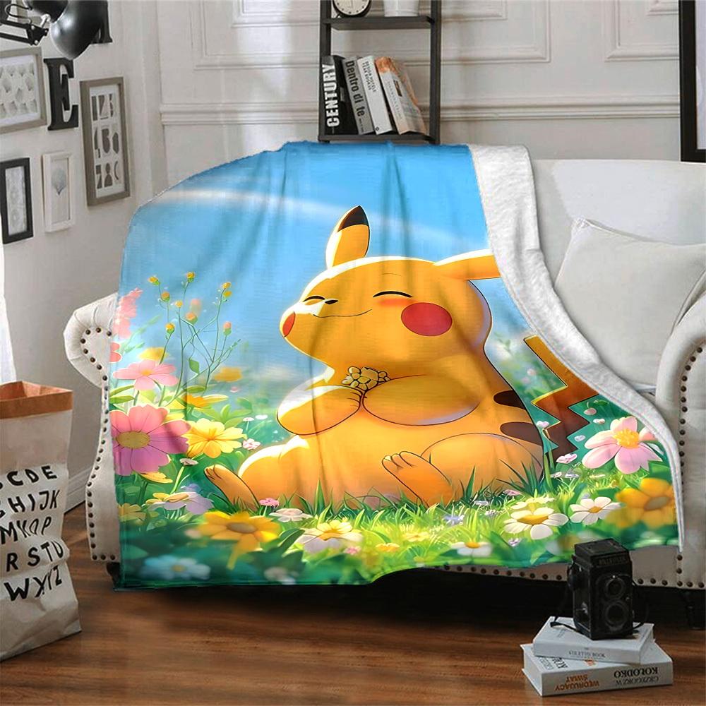 1pc Pikachu, Flowers Blanket Lightweight Flannel Blanket Throw Blanket For Sofa, Bed, Travel, Camping, Livingroom, Office, Couch