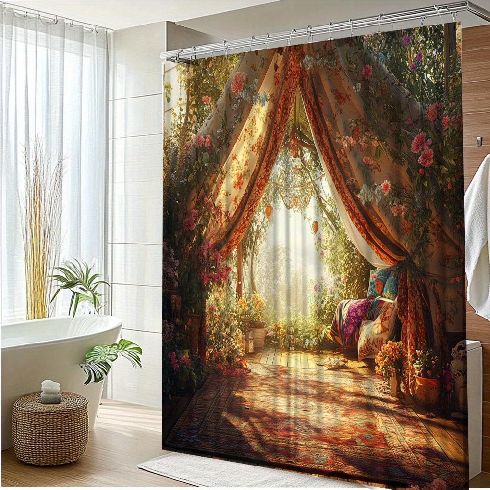 1pc Enchanting Floral Shower Curtain for Bathroom Decor - Elegant Polyester Fabric with Vibrant Forest Floral Design,