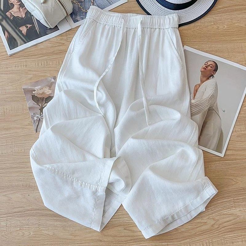 Women Linen Wide Leg Pants Summer High Waist Relaxed Fit Casual Trousers Loose Floor Length