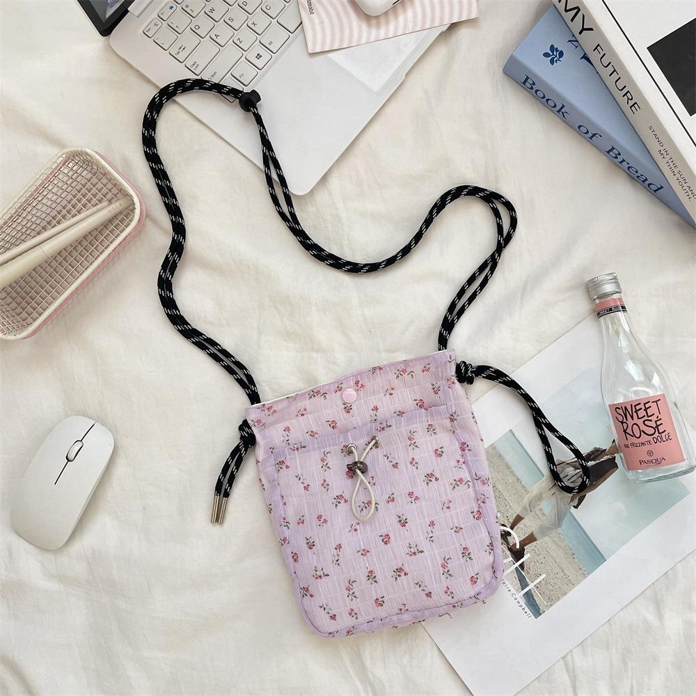Minimalist Style Drawstring Canvas Crossbody Bag Small Lightweight Shoulder Bag Floral Print Coin Purse Women Girl