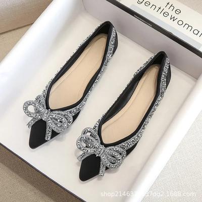 Luxury Classic Diamond Single Shoes 2024 New Casual Soft Sole Flat Shoes Pointed Shallow Mouth Bow Women's Shoes Large 41-43