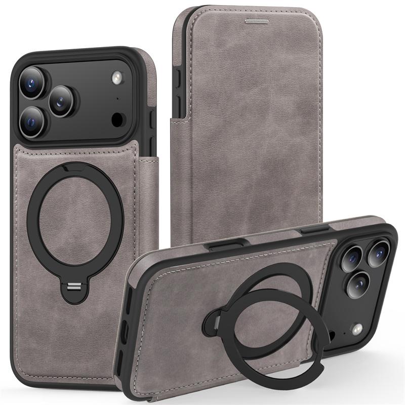 luxury PU Leather Card Wallet Flip Case For iPhone 12 13 14 15 16 17 Pro Max Magnetic Magsafe 360 Rotat Metal Ring Bracket Cover