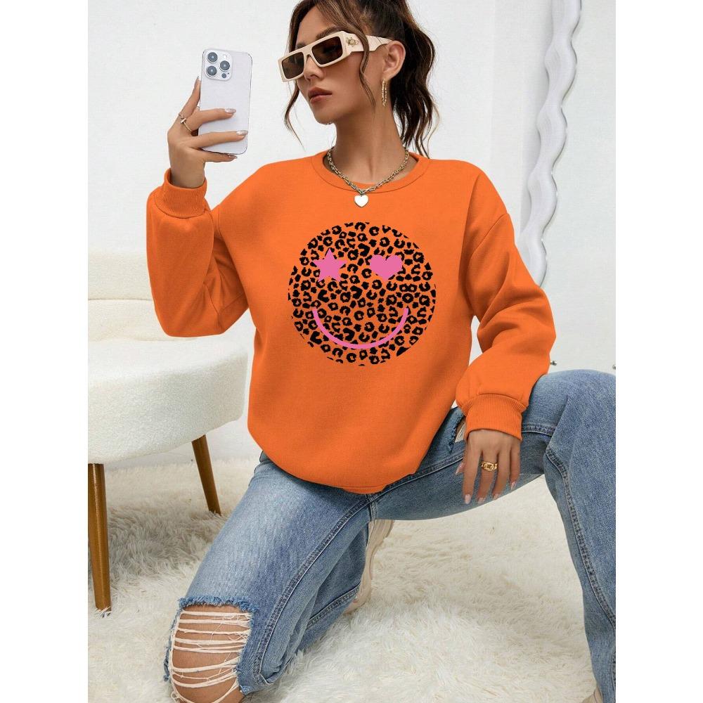 Leopard Print Happy Face Love Printed Sweatshirt Women's Hoodie Autumn Shirt Street All-match Women's Pullover
