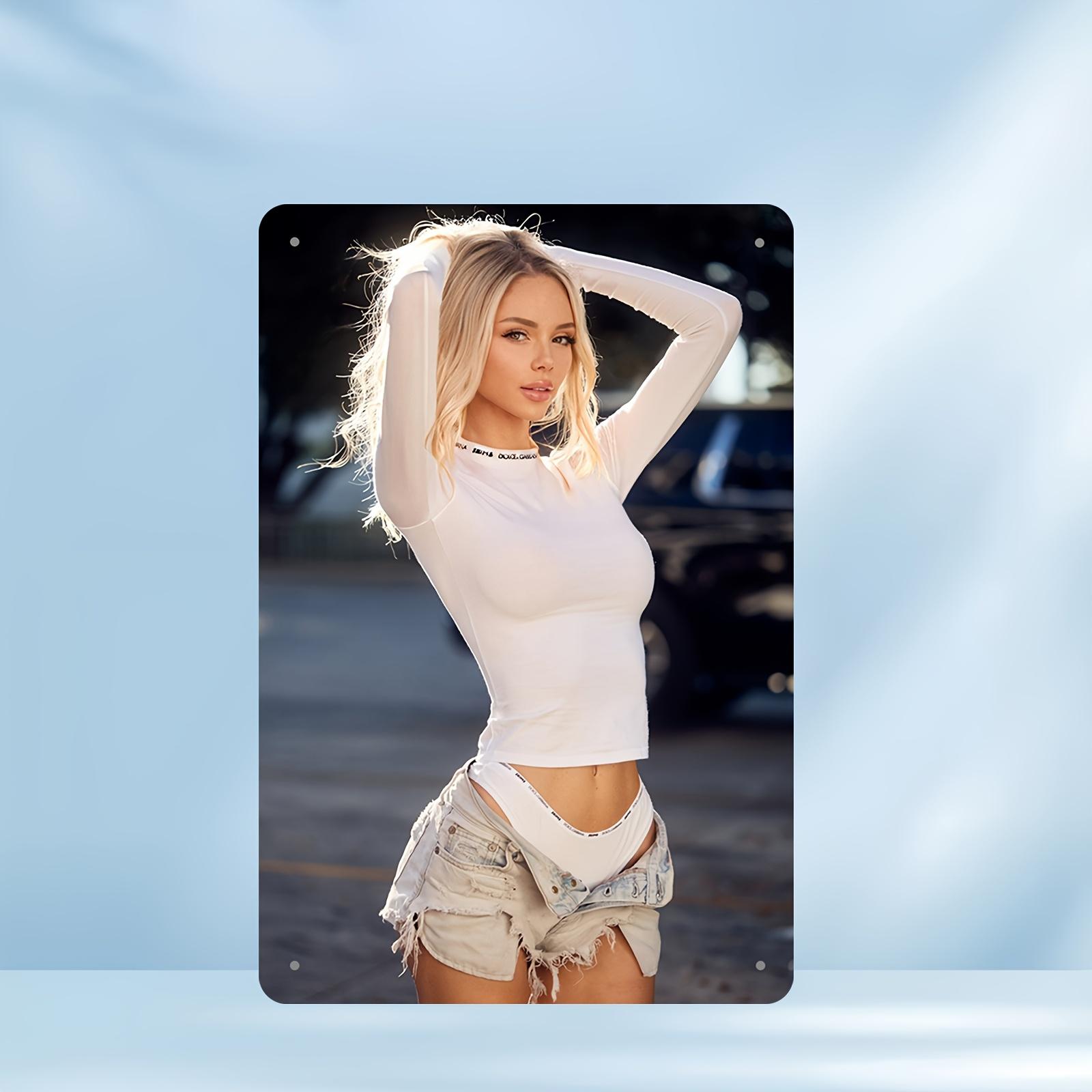 

Hisun Tin Sign HD Metal Tin Sign White Long Sleeve Denim Shorts Blonde Beauty Vintage Wall Art Decor 20x30CM