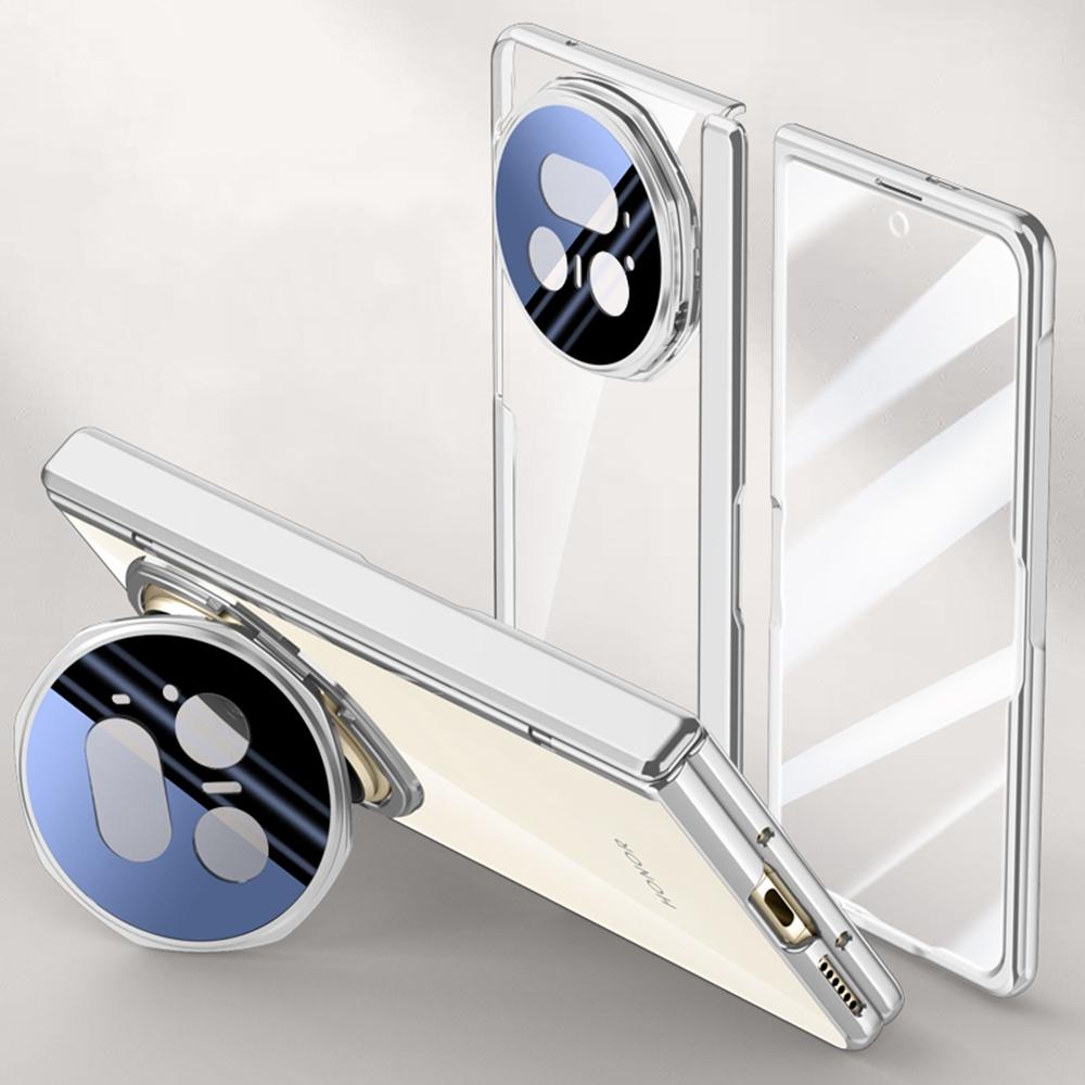 For Honor Magic V5 5G Tok PC+Akril Telefontok HD Edzett Üveg Fóliával, Lencse Kitámasztóval