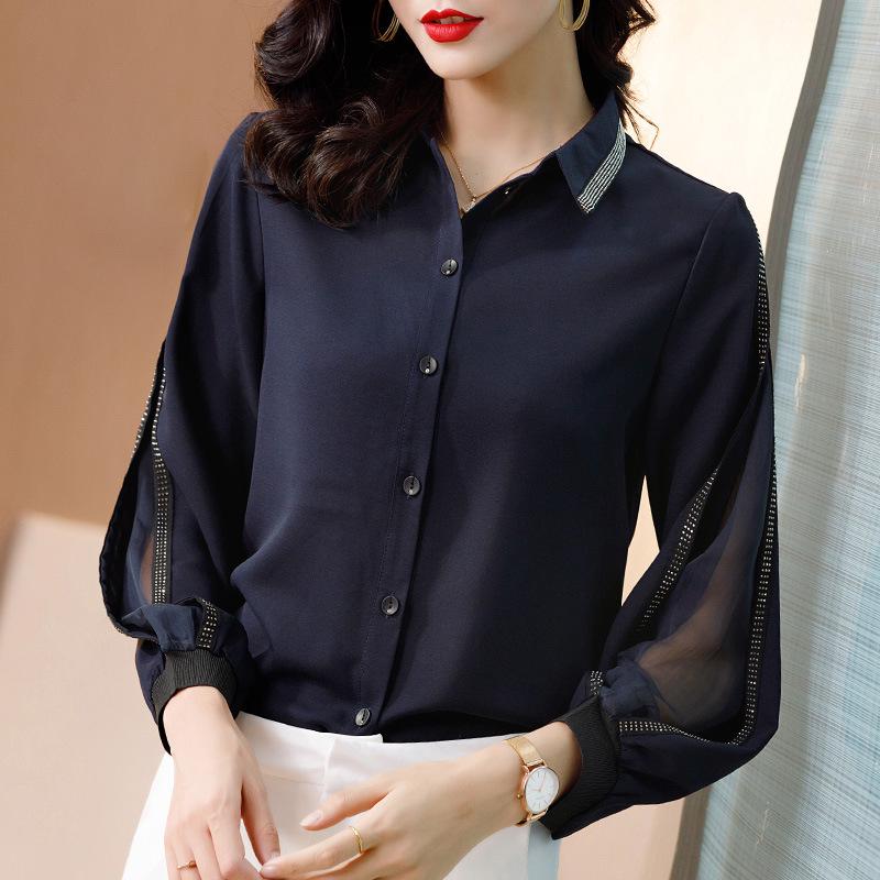 

Aiyimaiyi 2023 Осень Женская черная шифоновая блузка с длинным рукавом Slim M темно-синий