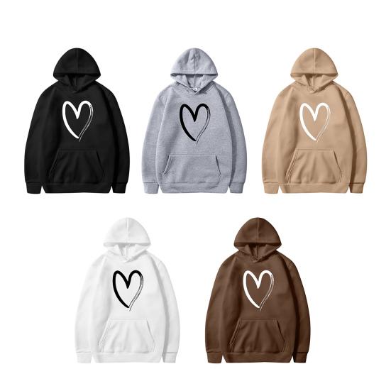 Women's Heart Print Hoodies Fall Long Sleeve Drawstring Pullover Top Oversized Fleece Lined Sweatshirt with Pocket