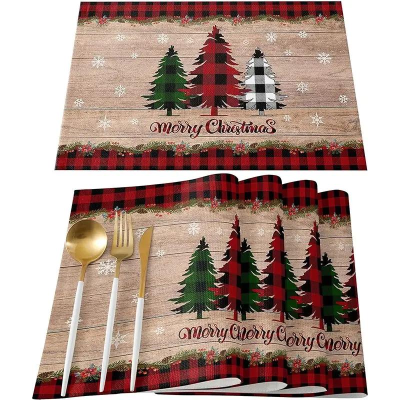 1PC Merry Christmas Placemats Linen Table Mats Washable Buffalo Plaid Farm Xmas Tree Placemat for Party Kitchen Table Decor
