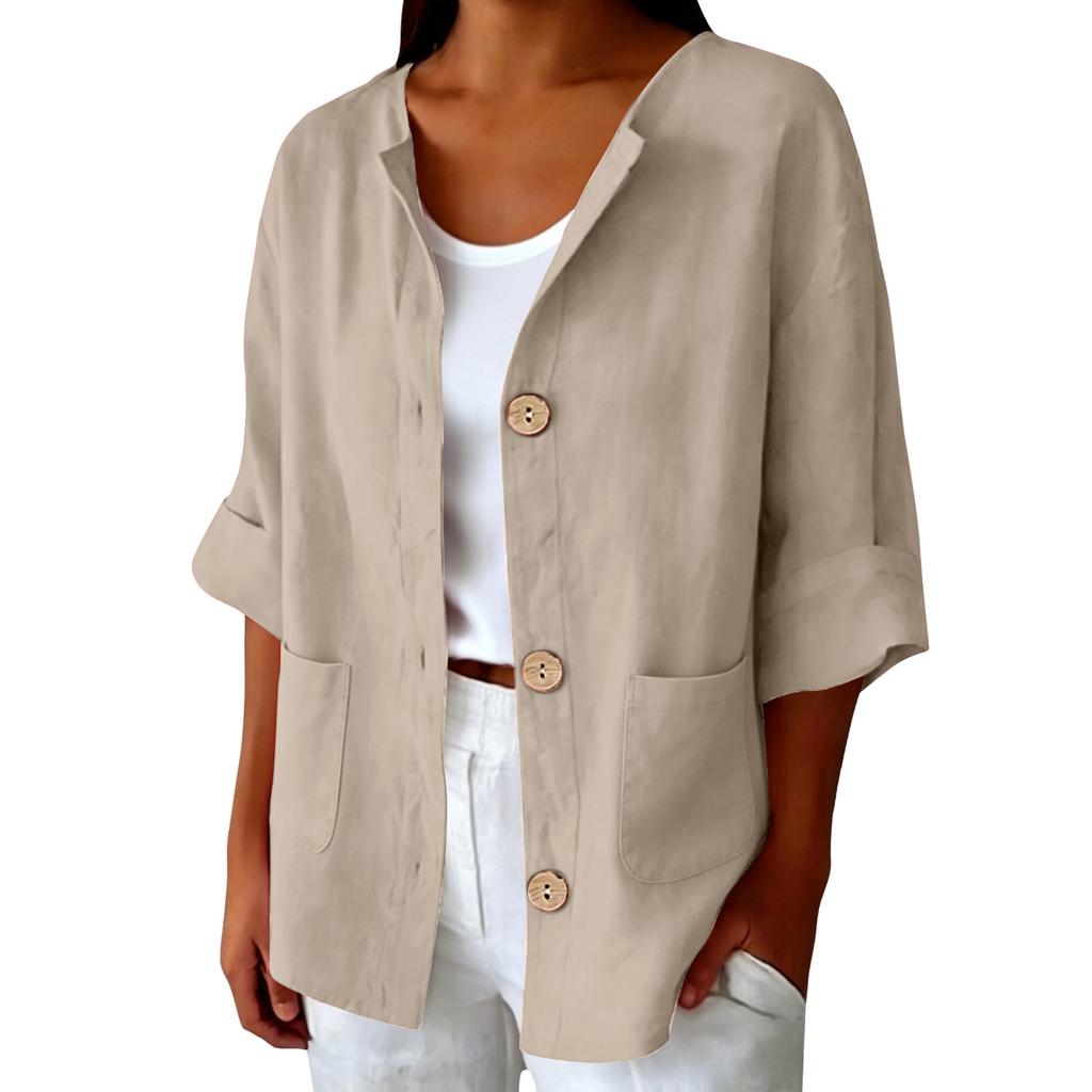 Women Casual Solid Color Linen Cotton Blend Cardigan Button Front Pocket Long Sleeve Lightweight Jacket
