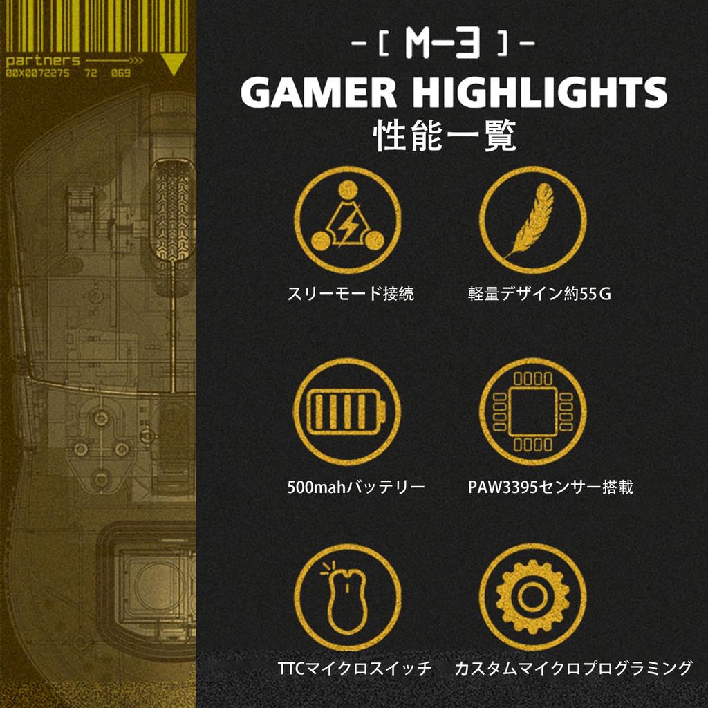 HOGREL M3 1K Wireless Gaming Mouse PAW3395 with Optical Sensor, 26000 DPI Adjustable, Bluetooth2.4GhzUSB-C 3-Mode Operation, Ultra-Lightweight (58g),