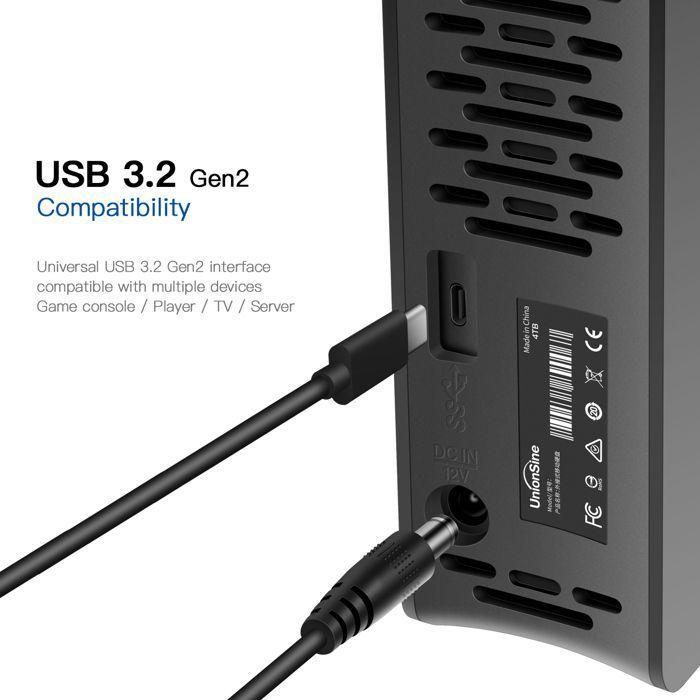 UnionSine External Hard Drive 3.5'' USB3.2 Gen2 Type-C 16TB Black - Compatible PC Mac PS4 Xbox TV