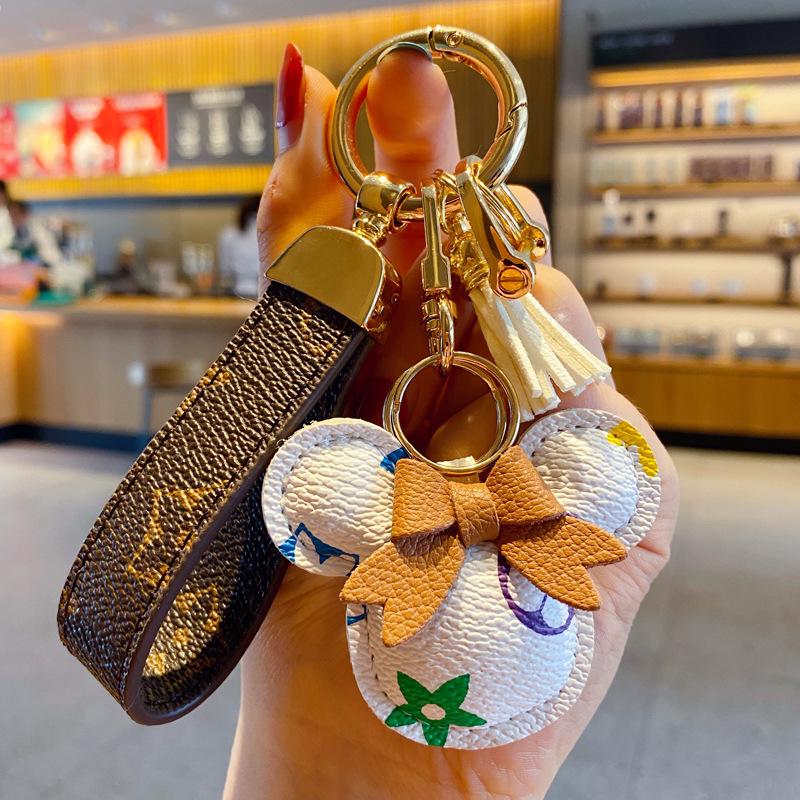 Exquisite Classic Leather Old Flower Car Pendant Keychain with Cute Ball Cartoon Rex Rabbit Fur for Women's Bags