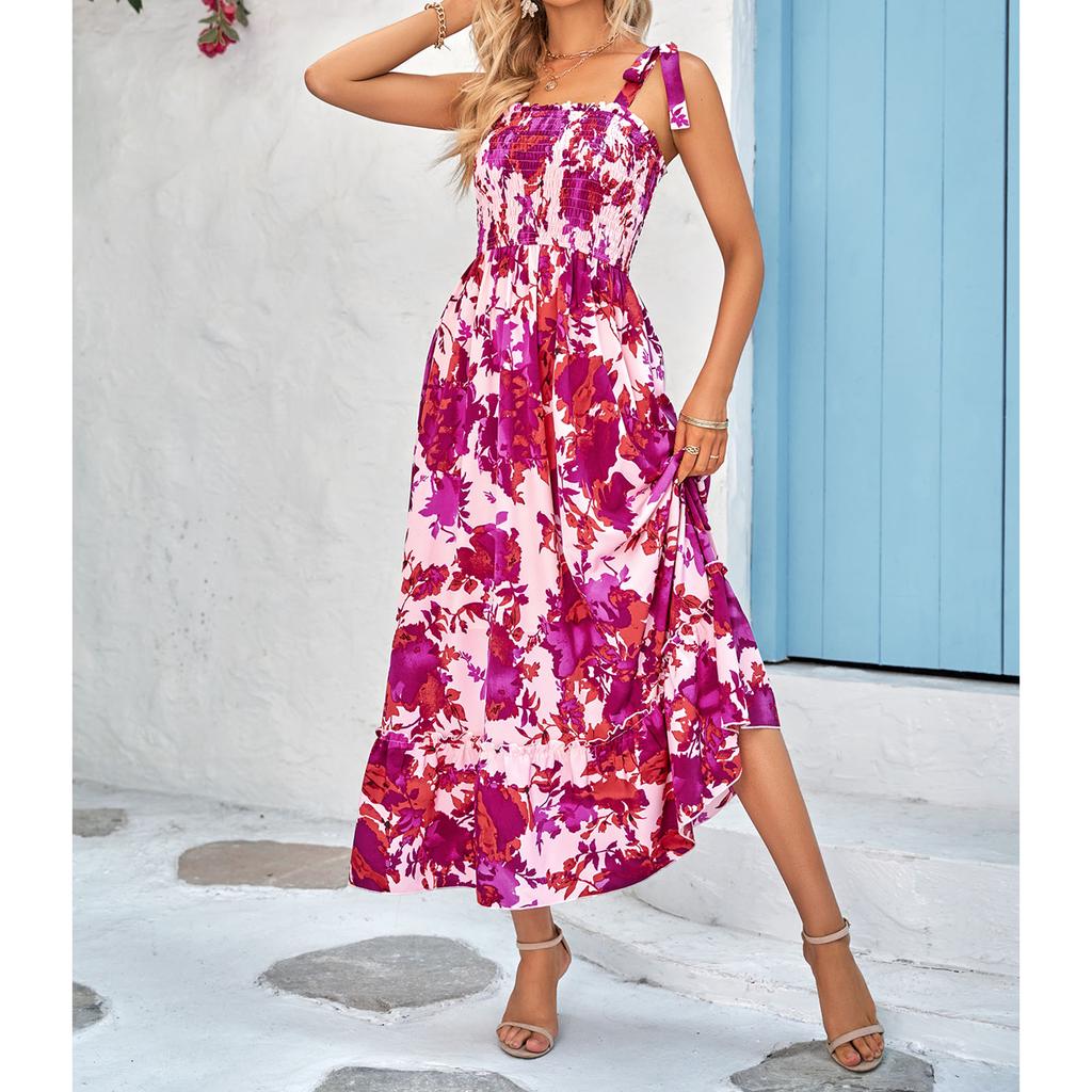 Maxi Dress Shirred Printed Strap Pleated Fashionable Elegant Female Maxi Dress for Dating Party