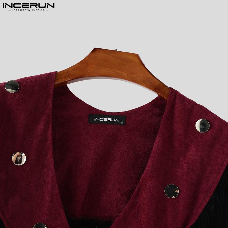 INCERUN Men Low Cut Neck Stitching Tassel Fashion Cropped Cloaks Tops