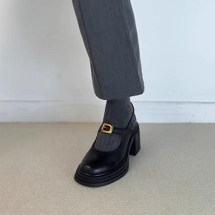 Schafsleder-Version~ Kleine, pendlerfreundliche, vielseitige, erhöhende Loafer-Einzelschuhe für Damen, Retro-Ein-Wort-Modell mit dicksohligen, runden Zehen, kleine Lederschuhe