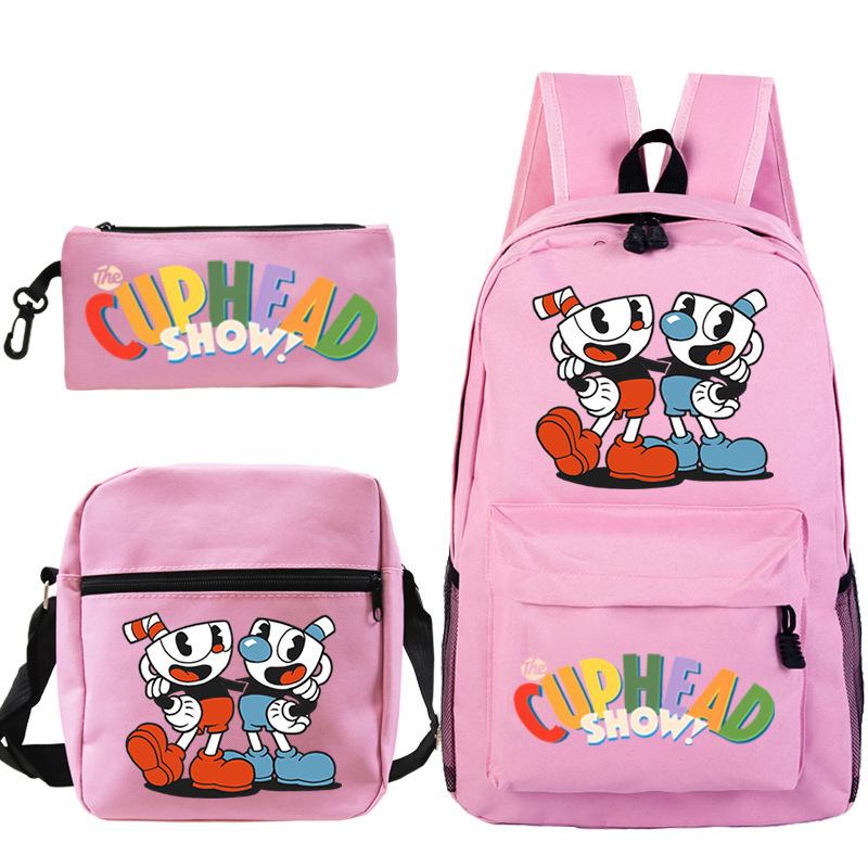 Cartoon Teacup Head Cuphead Student Backpack Oblique Span Bag Pencil Bag Primary And Secondary School Students Children'S Schoolbag Three-Piece Set