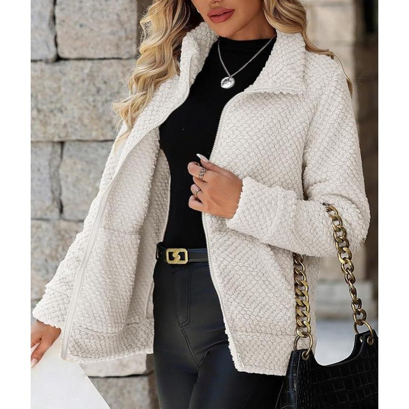 Women S Loose Casual Plush Coat With Pockets Lapel Zip Up
