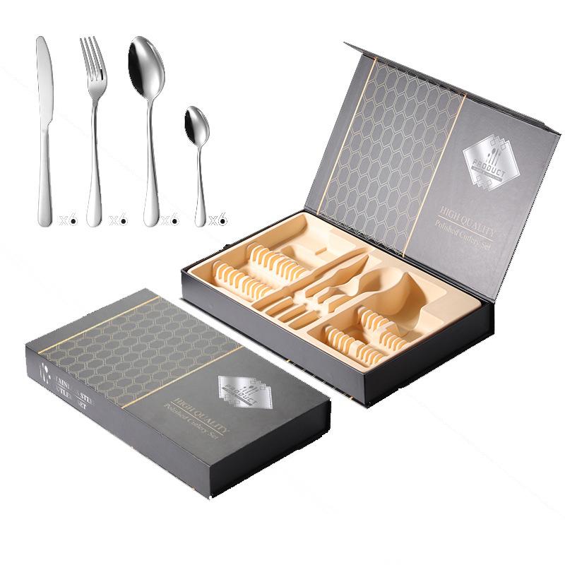 410 Stainless Steel 1010 Series 24-piece Set of Four Main Parts Titanium-plated Gift Box for Western Food Knives, Forks and Spoons for Camping