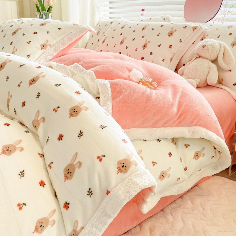 Retro pastoralny styl mleczny czteroczęściowy prześcieradło poszwa na kołdrę pogrubiony ciepły pokrowiec na kołdrę na łóżko koralowy aksamit zimowy trzyczęściowy zestaw