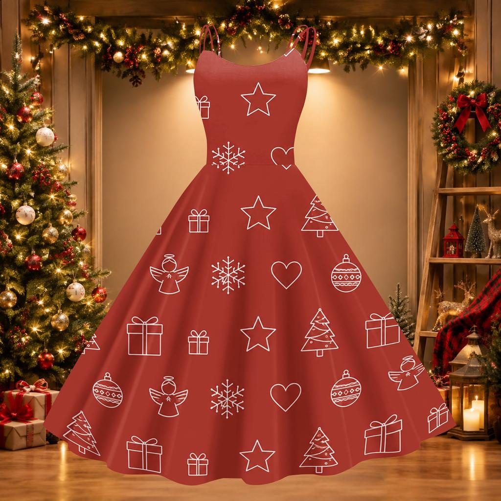 Women's Sexy Off Shoulder Christmas Print Retro Dress for Party