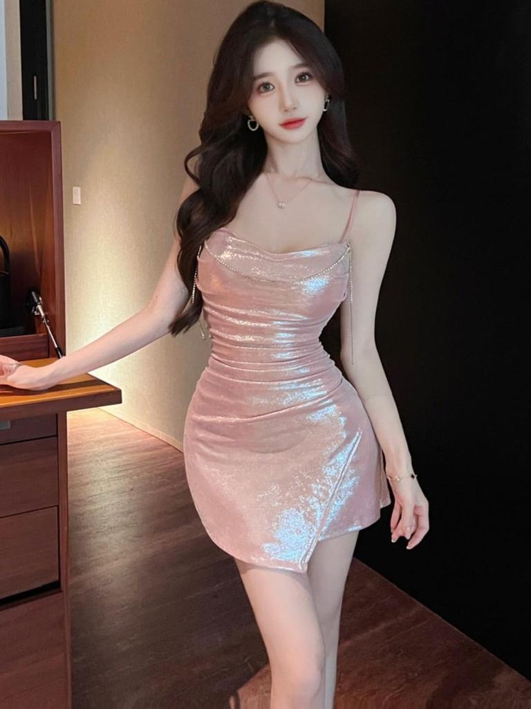 ISLAYCAOLILA Tight Camisole Mini Party with Available in 3 EK8 Ose Women's Lamé Dress, Dress, Dress, Sexy, Shiny, Slit, Colors, (M, Black)