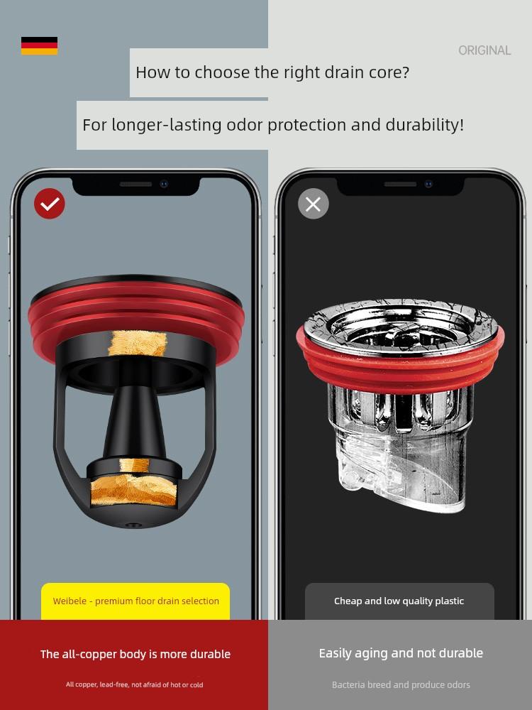 All-Copper Floor Drain Deodorizer, Bathroom Sewer Anti-Odor Seal Cover, Toilet Anti-Odor Inner Core Odor-Blocking Device