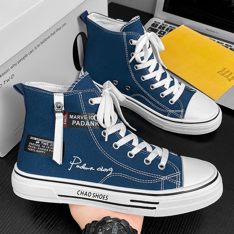 Fashion Blue Canvas Shoes High Top Sneakers Breathable Platform Casual Shoes Lace-up Flats Men Sneakers Vulcanize Shoes Tenis Masculino